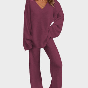 Soft Fuzzy V-Neck Loungewear Set