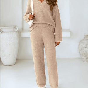 Soft Fuzzy V-Neck Loungewear Set