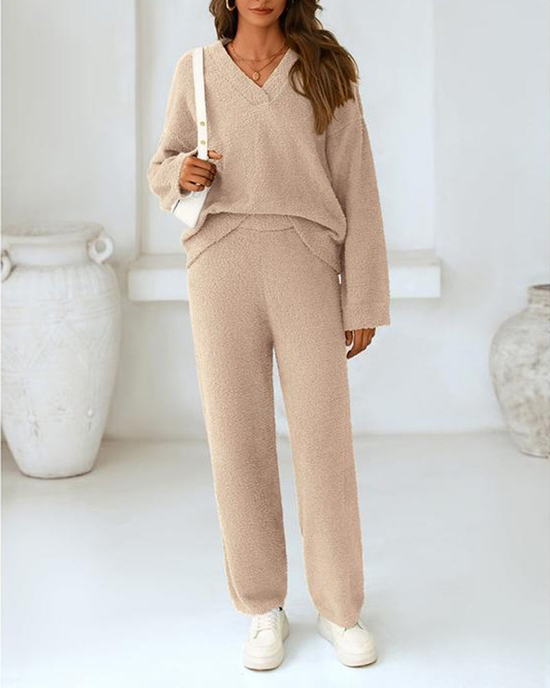 Soft Fuzzy V-Neck Loungewear Set