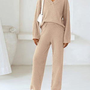 Soft Fuzzy V-Neck Loungewear Set