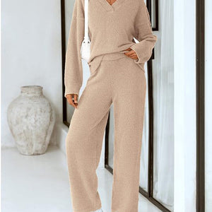 Soft Fuzzy V-Neck Loungewear Set