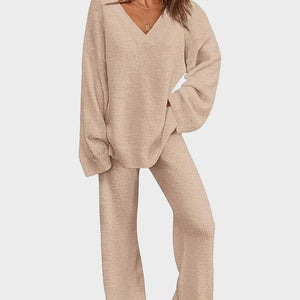 Soft Fuzzy V-Neck Loungewear Set