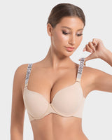 Deep V Push-Up Underwire Bra with Rhinestone Strap